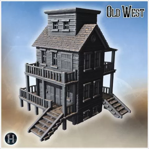 Two-story house with wooden balconies, double staircases and lookout tower section (16) - Cowboy USA America ACW American Civil War History Historical by Hartolia Miniatures