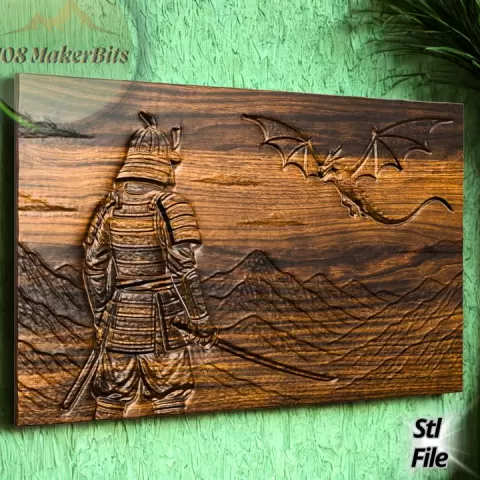Samurai vs Dragon CNC Relief Panel – STL for Router Carving, Aspire, Artcam, Estlcam or 3D Wall Art printing. Cnc router art by makerbits