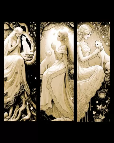 Art nouveau style depictions of a lady and her cat - Set of bookmarks