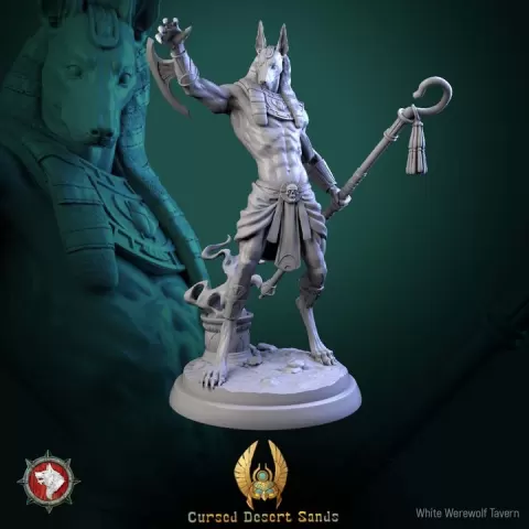 Anhotek, Jackal of the Black Gate - 32mm & 75mm Pre-supported STLs + 5e Style Stat Block by White Werewolf Tavern