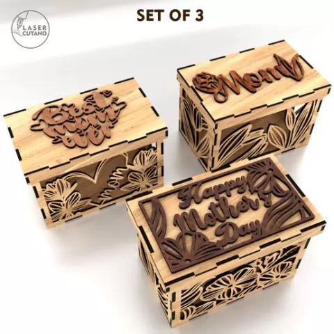 Set Of 3 Mom Box Bundle - Mother's Day Gift Box SVG Laser Cut Files - Laser Cut Template DXF AI CDR
