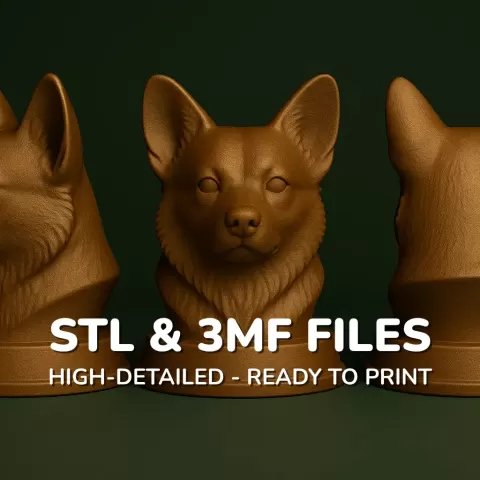 Pembroke Welsh Corgi Dog Bust, STL File, 3MF File, 3D Printable Dog Statue, Pet Memorial Download