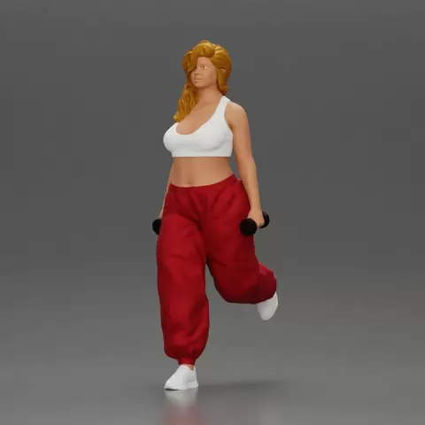 Strong woman power walking with dumbbells wearing white top and red pants by 3DGeschaft Miniatures Figures