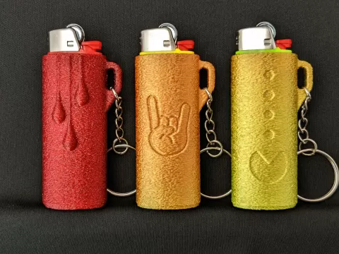 Bic Lighter Case Keychain - Blood, Finger Horns, & Pac-Man - Fuzzy Skin