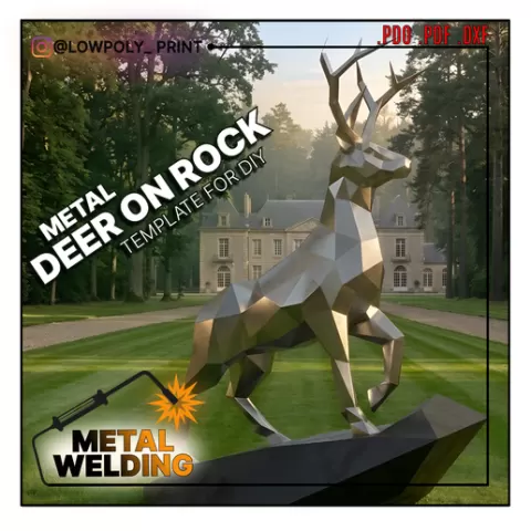 DIY metal deer on rock welding sculpture template,digital low poly deer on rock,dxf,pdo,files for cnc plasma or laser cutting