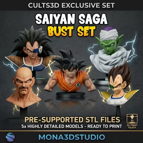 Dragon Ball Z Busts Bundle - Set of 5 Characters (Goku, Vegeta, Piccolo, Raditz, Nappa) - Presupported STL