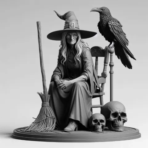 3998 Witch on Chair with Broom , Raven and Skull 3D Figurine, character, DND, skull, monster, troll, snake, cat, minimalist, miniature, collectible, fantasy, gorgon, decorative, Halloween, serpent, STL, ARTE, art