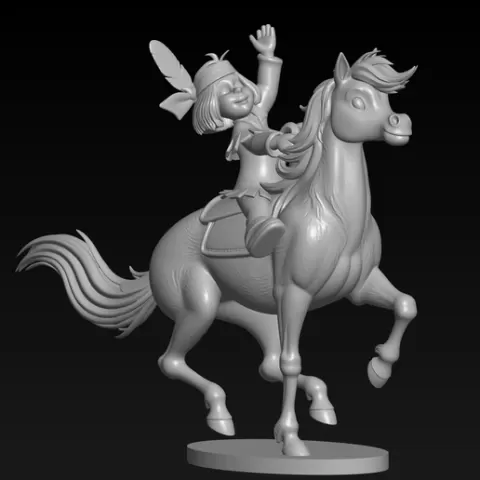Yakari Inspired Little Indian Girl on Horse STL - 3D Printable Miniature Cartoon Character Sculpture - Native American Kid Figurine for FDM - High Detail Fan Art