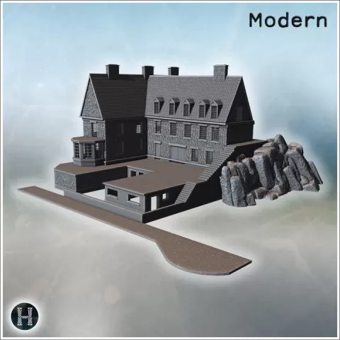 Manor house with large staircase, lower annex and rocky terrain beside the stone building (10) - Modern WW2 WW1 World War Diaroma Wargaming RPG Mini Hobby by Hartolia Miniatures