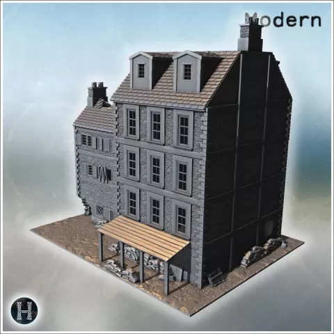 Tall urban building with detailed stone facade, dormer windows and sandbag covered entrance (3) - Modern WW2 WW1 World War Diaroma Wargaming RPG Mini Hobby by Hartolia Miniatures