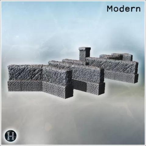 Section of stone defensive walls with chimney and corner structures (1) - Modern WW2 WW1 World War Diaroma Wargaming RPG Mini Hobby by Hartolia Miniatures
