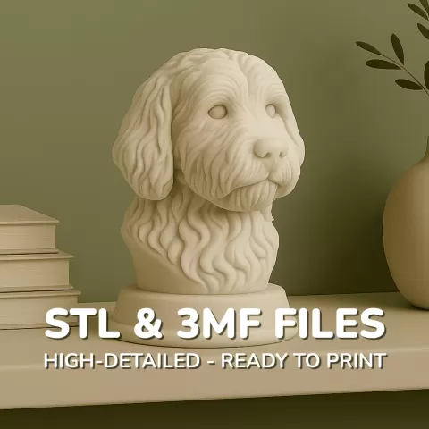 Goldendoodle Dog Bust - Golden Retriever Poodle Mix Dog Statue - STL 3MF - 3D Printable Dog Model