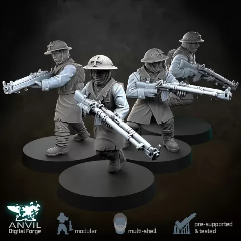 Brodie Trenchers Howell Assault Rifles - Modular Infantry for Skirmish Tabletop Wargames by Anvil Digital Forge