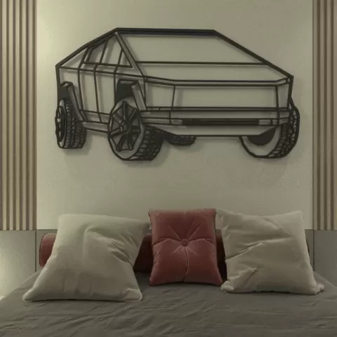Tesla Cybertruck 3/4 View Silhouette - Futuristic Electric Truck Wall Art - 3D & Vector Design OBJ + DWG