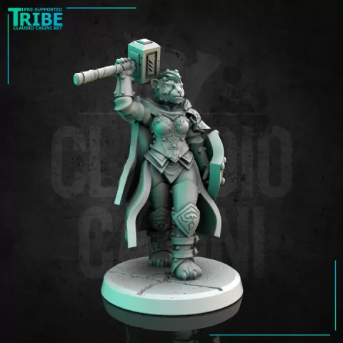 (0289) Female panda folk leader warrior paladin with sword mace hammer and shield by Claudio Casini Art