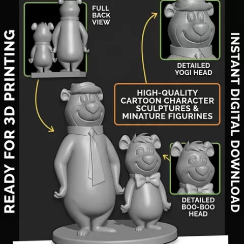 Yogi Bear and Boo-Boo Bear FDM 3D Printable STL File Miniature Cartoon Character Sculpture Figurine for 3D Printing