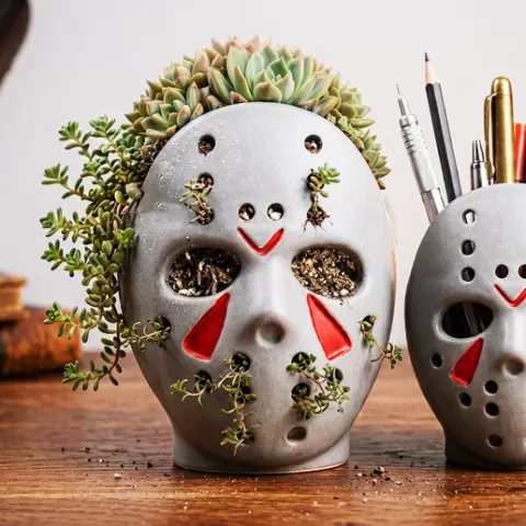 Inspirate in Jason Voorhees Mask - 2-in-1 Horror Decor: Planter & Pen Holder (Friday the 13th) for Desk or Halloween
