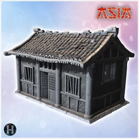 Small traditional Japanese house with wooden columns and tiled roof featuring detailed windows (8) - Medieval Asia Feudal Asian Traditionnal Ninja Oriental