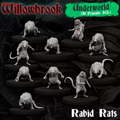 Willowbrook Rabid Rats – 12 Diseased Giant Rat Miniatures | 28mm Horror & RPG Monster STL Set by Forged Path Miniatures