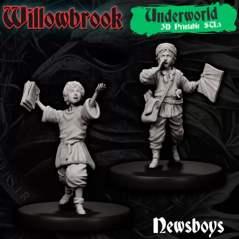 Willowbrook Newsboys – 2 Fantasy Town Criers | Underworld STL Miniatures (28mm Scale) by Forged Path Miniatures