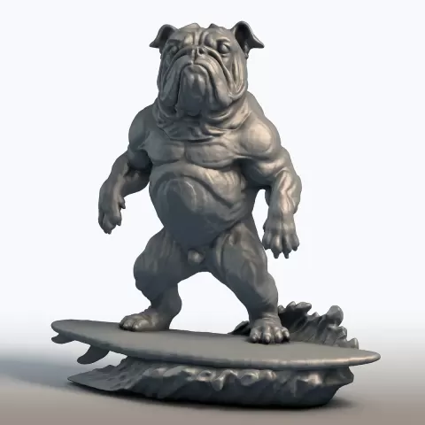 Wooden Bulldog Surfer Sculpture - Beach Dog Decor - Surfing Mascot Statue
