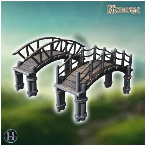 Two wooden bridges with rope railings and curved planks on raised platforms (1) - Medieval Gothic Feudal Old Archaic Saga 28mm 15mm RPG by Hartolia Miniatures