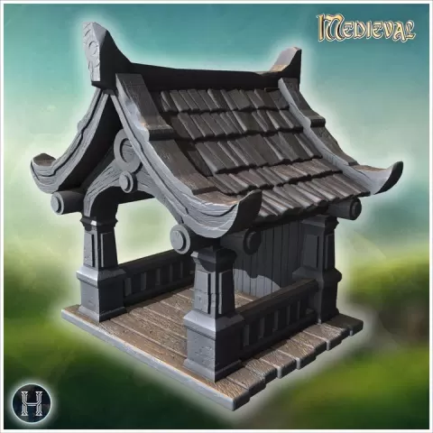 Small wooden shrine with curved tiled roof, decorative beams, and raised wooden platform (4) - Medieval Gothic Feudal Old Archaic Saga 28mm 15mm RPG by Hartolia Miniatures