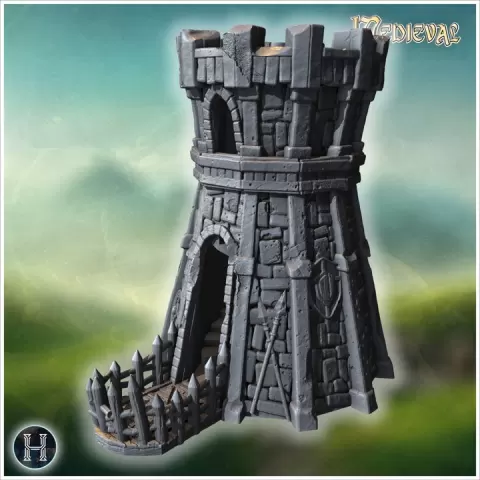 Stone watchtower with fortified gate, wooden palisade, and decorative spear ornaments (dice tower) (21) - Medieval Gothic Feudal Old Archaic Saga 28mm 15mm RPG by Hartolia Miniatures