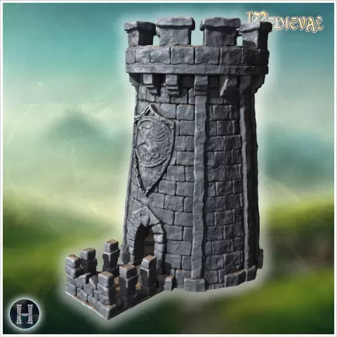 Medieval round tower with crenelated walls, arched entrance, and decorative heraldic shield (dice tower) (16) - Medieval Gothic Feudal Old Archaic Saga 28mm 15mm RPG by Hartolia Miniatures