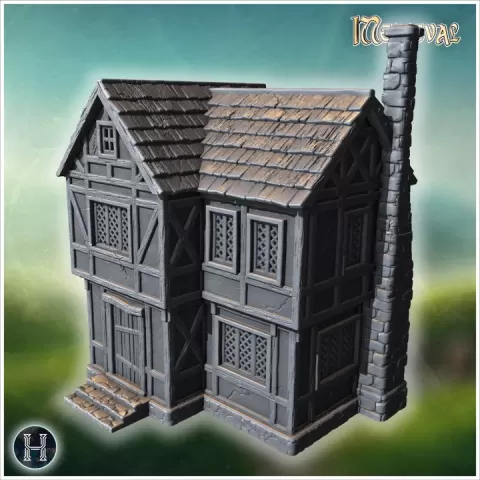 Large medieval house with wooden reinforcements, stone base, lattice windows and steep tiled roof (22) - Medieval Gothic Feudal Old Archaic Saga 28mm 15mm RPG by Hartolia Miniatures