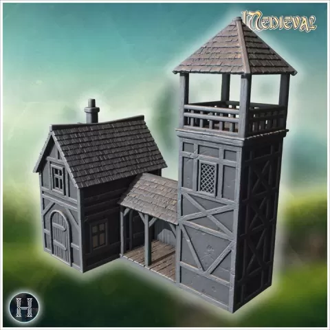 Medieval house with tall watchtower, half-timbered walls, wooden balcony, covered walkway and tiled roof (19) - Medieval Gothic Feudal Old Archaic Saga 28mm 15mm RPG by Hartolia Miniatures