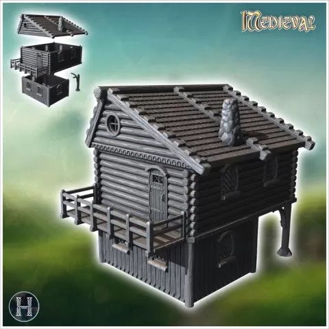 Two-story wooden house with a balcony and chimney, supported by a central pillar (23) - Medieval Gothic Feudal Old Archaic Saga 28mm 15mm RPG by Hartolia Miniatures
