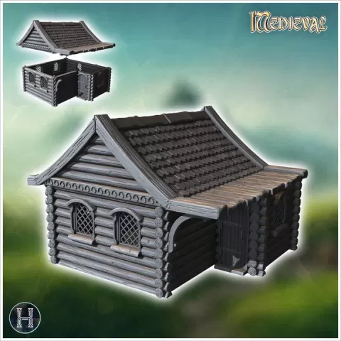 Rustic wooden cabin with a steep roof and two decorative arched windows on the sides (21) - Medieval Gothic Feudal Old Archaic Saga 28mm 15mm RPG by Hartolia Miniatures
