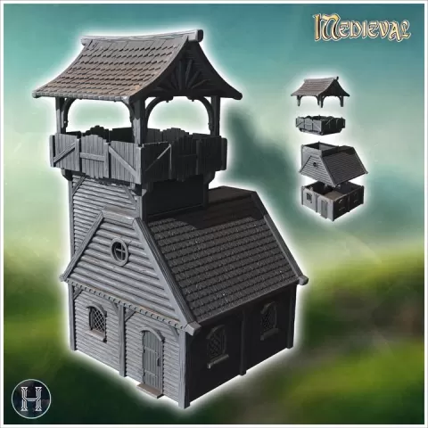 Wooden watchtower with a small house at its base, featuring a detailed roof and arched windows (19) - Medieval Gothic Feudal Old Archaic Saga 28mm 15mm RPG by Hartolia Miniatures
