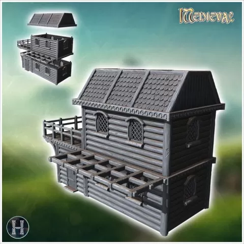 Large wooden house with log-style walls, shingled roof, and a wooden terrace (17) - Medieval Gothic Feudal Old Archaic Saga 28mm 15mm RPG by Hartolia Miniatures