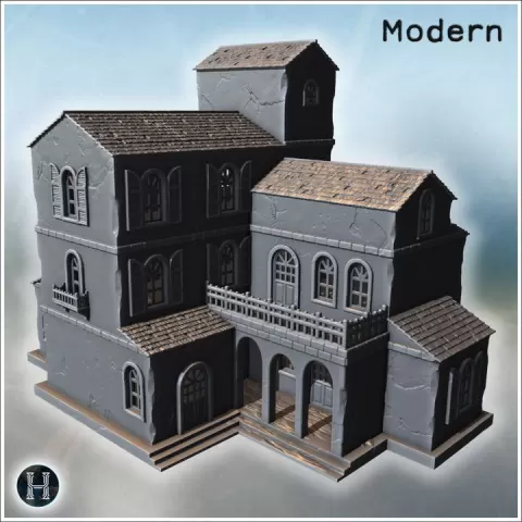 Large manor house with arched windows, central balcony and multiple roof heights (82) - Modern WW2 WW1 World War Diaroma Wargaming RPG Mini Hobby by Hartolia Miniatures