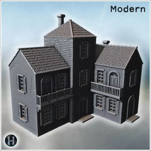 Symmetrical villa with central tower, arched doors, balconies and tiled gable roofs (77) - Modern WW2 WW1 World War Diaroma Wargaming RPG Mini Hobby by Hartolia Miniatures