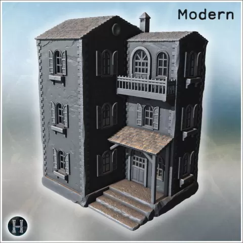 Narrow three-story house with arched windows, prominent balcony and steep front stairs (72) - Modern WW2 WW1 World War Diaroma Wargaming RPG Mini Hobby by Hartolia Miniatures