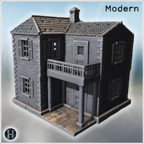 Two-story stone house with tile roof, upper balcony, and symmetrical shuttered windows (70) - Modern WW2 WW1 World War Diaroma Wargaming RPG Mini Hobby by Hartolia Miniatures