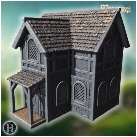 L-shaped medieval building with timber-framed walls, arched windows, wooden porch, and tiled roofing (3) - Medieval Gothic Feudal Old Archaic Saga 28mm 15mm RPG by Hartolia Miniatures
