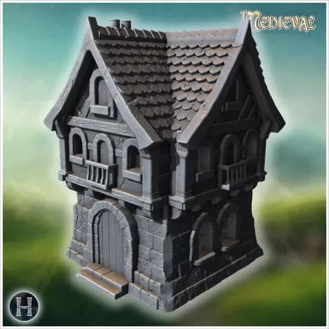 Multi-story medieval house with balconies, arched windows, wooden supports and a steep tiled roof (34) - Medieval Gothic Feudal Old Archaic Saga 28mm 15mm RPG by Hartolia Miniatures