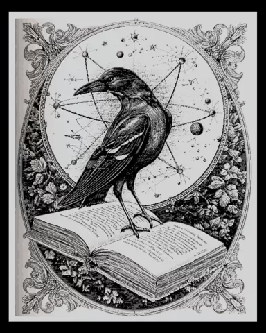 Wall art depiction of a crow and a mystic book - hueforge art