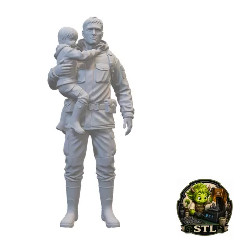 Flood Rescue Worker Carrying Child to Safety – Emergency Evacuation STL Miniature by Cathlen Junker