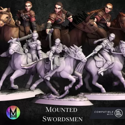 Mounted Swordsmen females - 3 Cutthroat Mounted swordsmen ( Braided brotherhood One Page Rules cavalry unit) by Moonlight Minis- Christine Van Patten