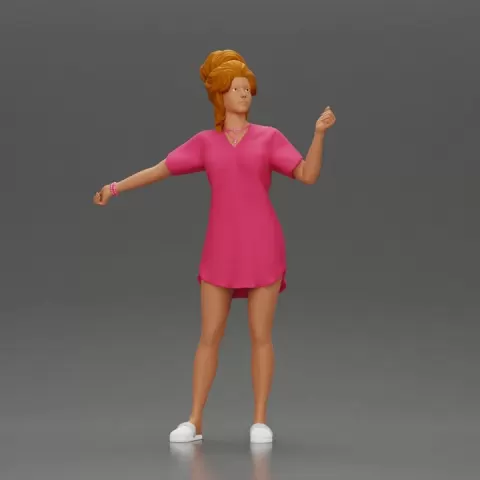 Woman in pink dress dancing joyfully with raised arms sideways by 3DGeschaft Miniatures Figures