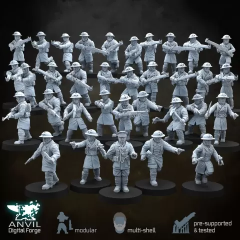 Brodie Trenchers - Over The Top Wave 3 - Modular Infantry for Skirmish Tabletop Wargames by Anvil Digital Forge