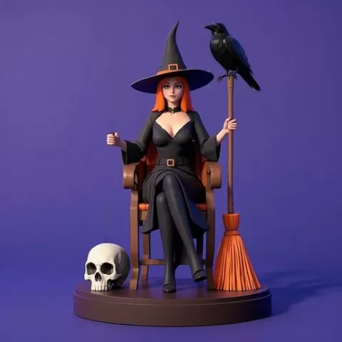 3983 Elegant Witch with Broom, Raven and Skull – Colorful Full-Body Figurine, magic, creature, fantasy, wood, gnome, gorgon, warrior, wild, fox, monster, cat, dog, fair, witch, werewolf, horror, beast, gothic, troll, DND, STL