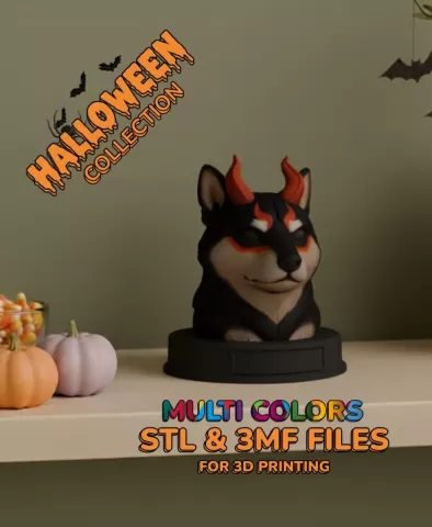 Infernal Shiba Inu Dog Bust - Multicolor Halloween Dog Statue - STL 3MF - 3D Printable Dog Model