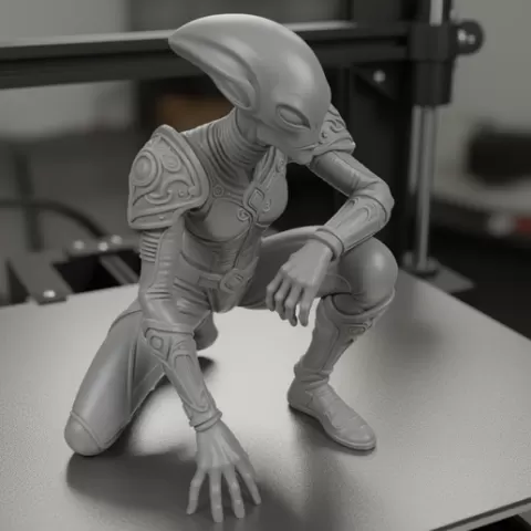 Alien Warrior Figure in a Crouching Pose 3D Print Model
