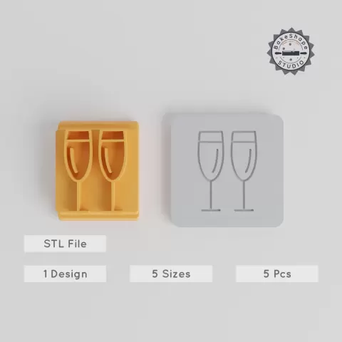 Champagne Stamp Tile, Set of 5, 20-40mm Motifs for Clay, Cookies & Fondant, Celebration Toast Design, Perfect for Festive Occasions PRODUCT_5254